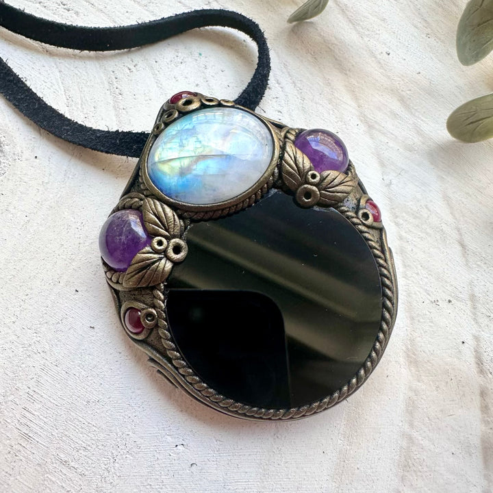 black-obsidian-mirror-rainbow-moonstone-amethyst-garnet-necklace