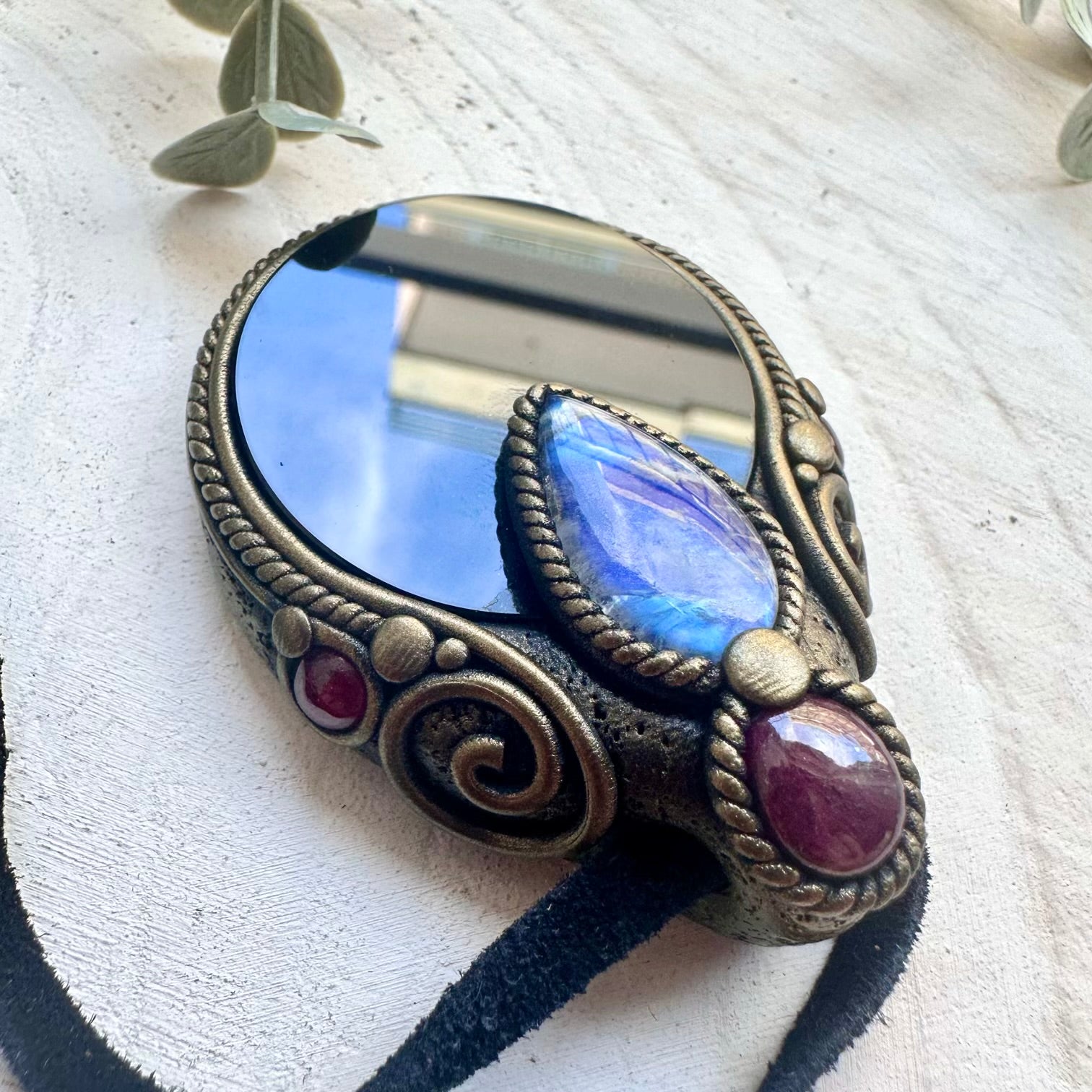 Black Obsidian Mirror necklace with Rainbow Moonstone, Ruby and Rhodolite Garnet
