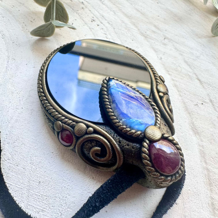 Black Obsidian Mirror necklace with Rainbow Moonstone, Ruby and Rhodolite Garnet