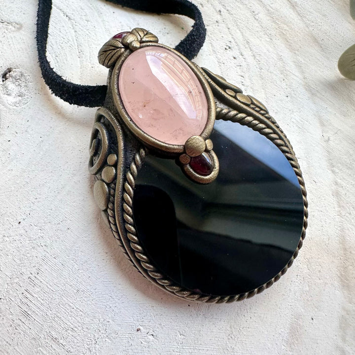 Black Obsidian Mirror pendant necklace with Rose Quartz, Ruby and Rhodolite Garnet