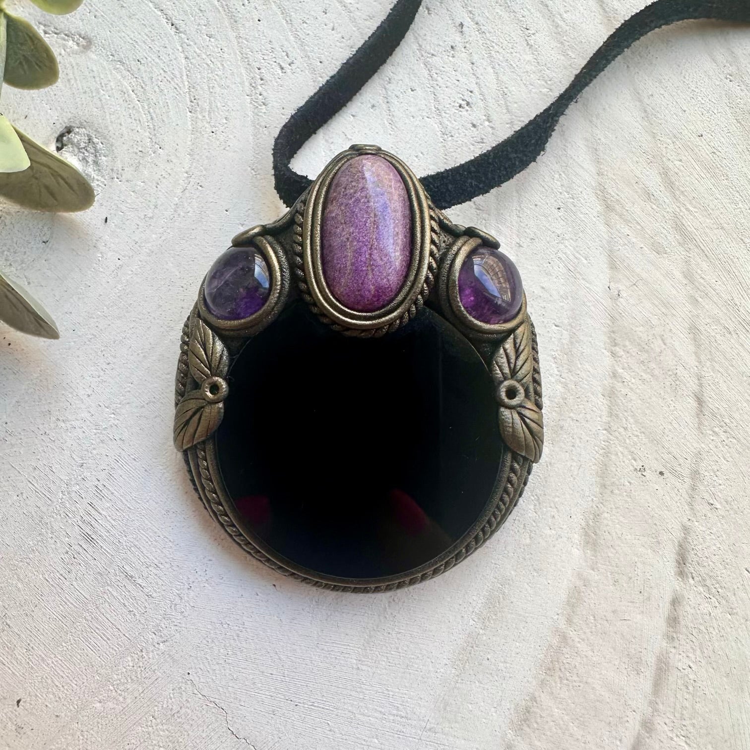Black Obsidian Mirror necklace with Stichtite and Amethyst handmade with natural gemstones