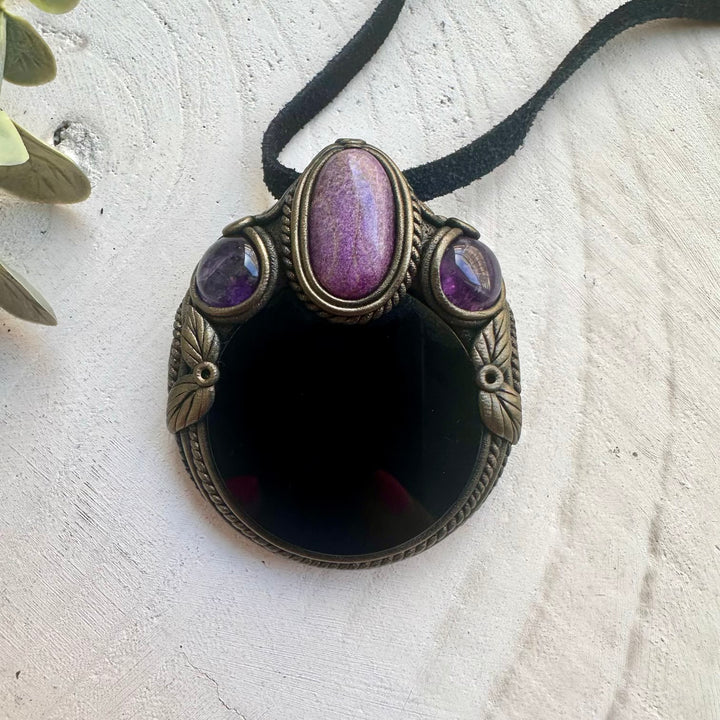Black Obsidian Mirror necklace with Stichtite and Amethyst handmade with natural gemstones