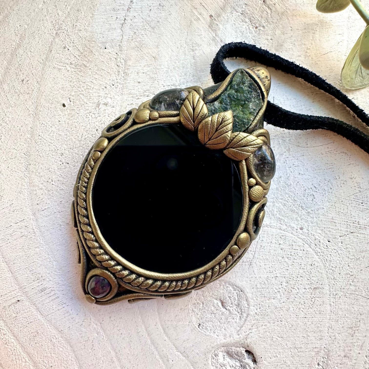 Black Obsidian Mirror pendant necklace handmade with Moldavite, Clear Topaz and Black Ethiopian Opal.