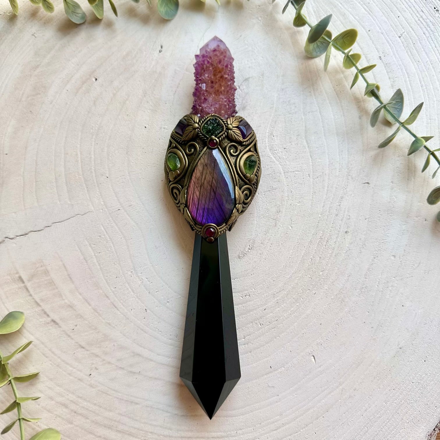 One of a kind healing crystal wand featuring Black Obsidian and carefully selected natural gemstones.