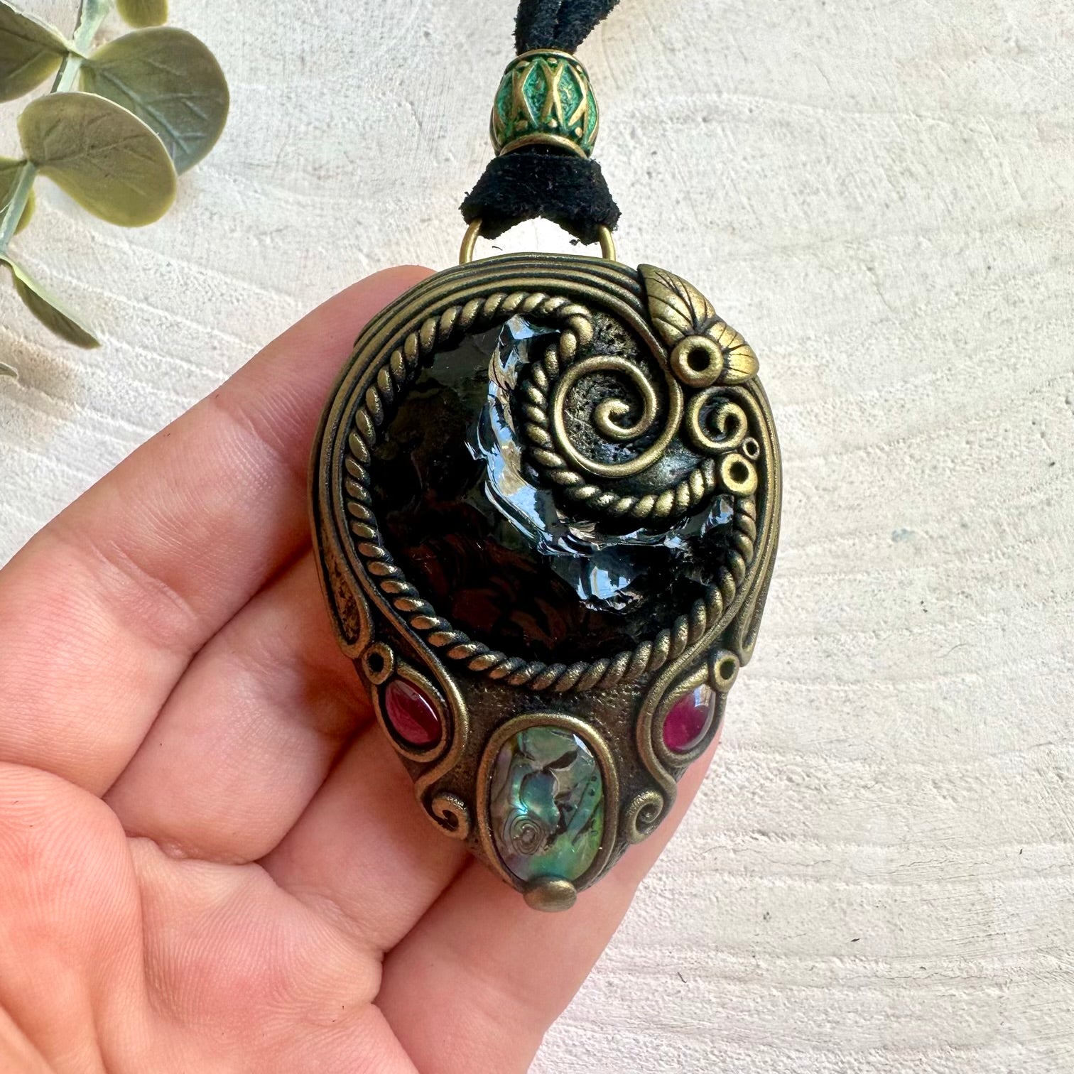 Handmade Black Obsidian Moon pendant necklace with Abalone Seashell and Rhodolite Garnet natural gemstones.