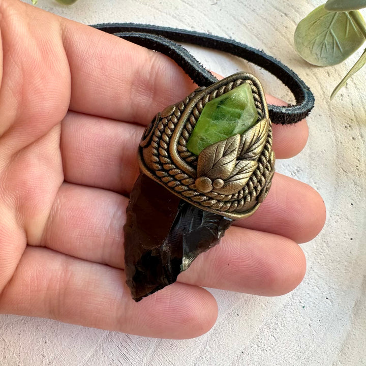 Black obsidian arrowhead and peridot necklace