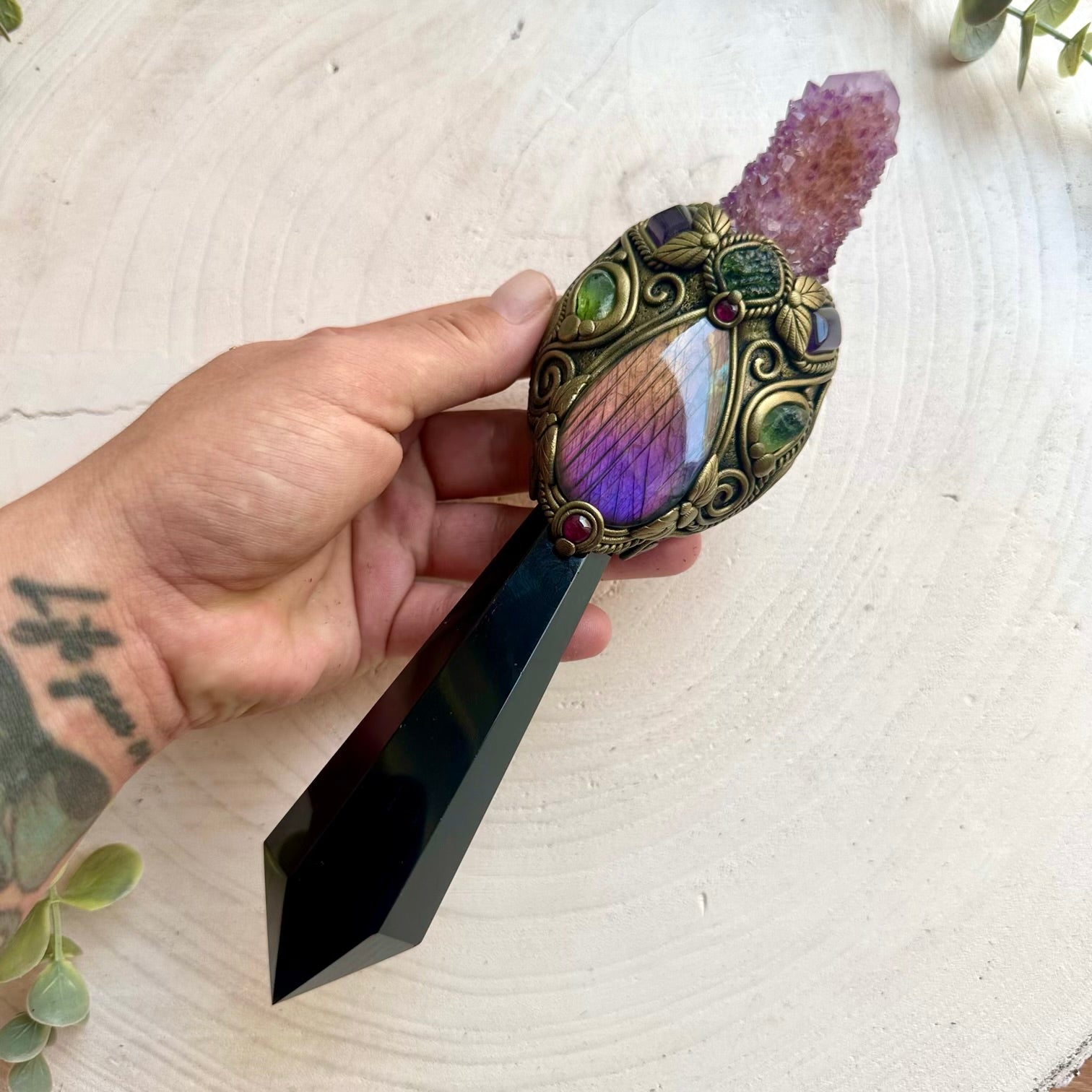 Handmade Black Obsidian crystal wand with Deep Purple Spirit Quartz, Labradorite, Moldavite, Amethyst, Peridot and Rhodolite Garnet.