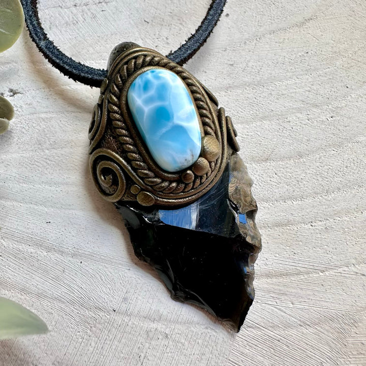 Black obsidian and larimar healing crystal necklace