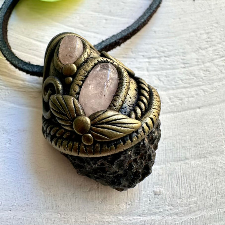 Black Tektite Pendant with Morganite – Handmade Crystal Jewelry for Spiritual Awakening