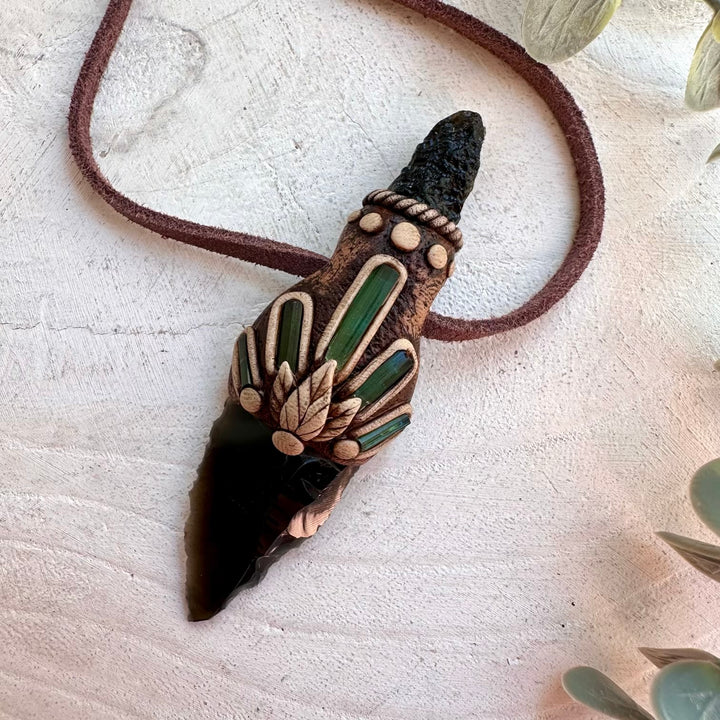 Handmade grounding crystal jewelry with Black Obsidian arrowhead