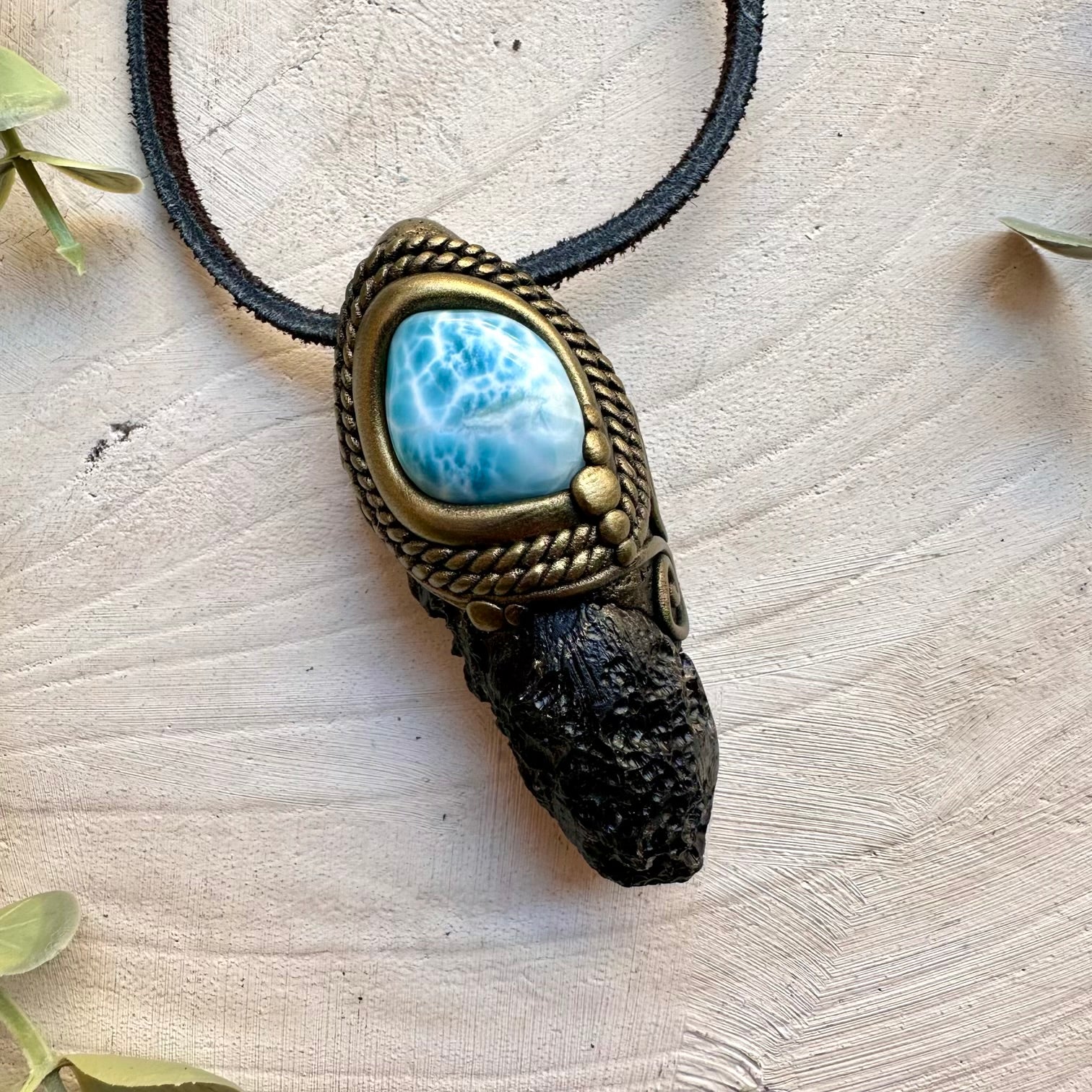 Energy pendant with tektite and larimar