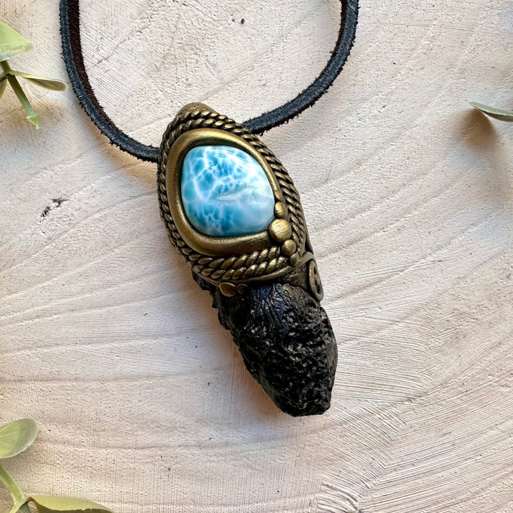 Energy pendant with tektite and larimar