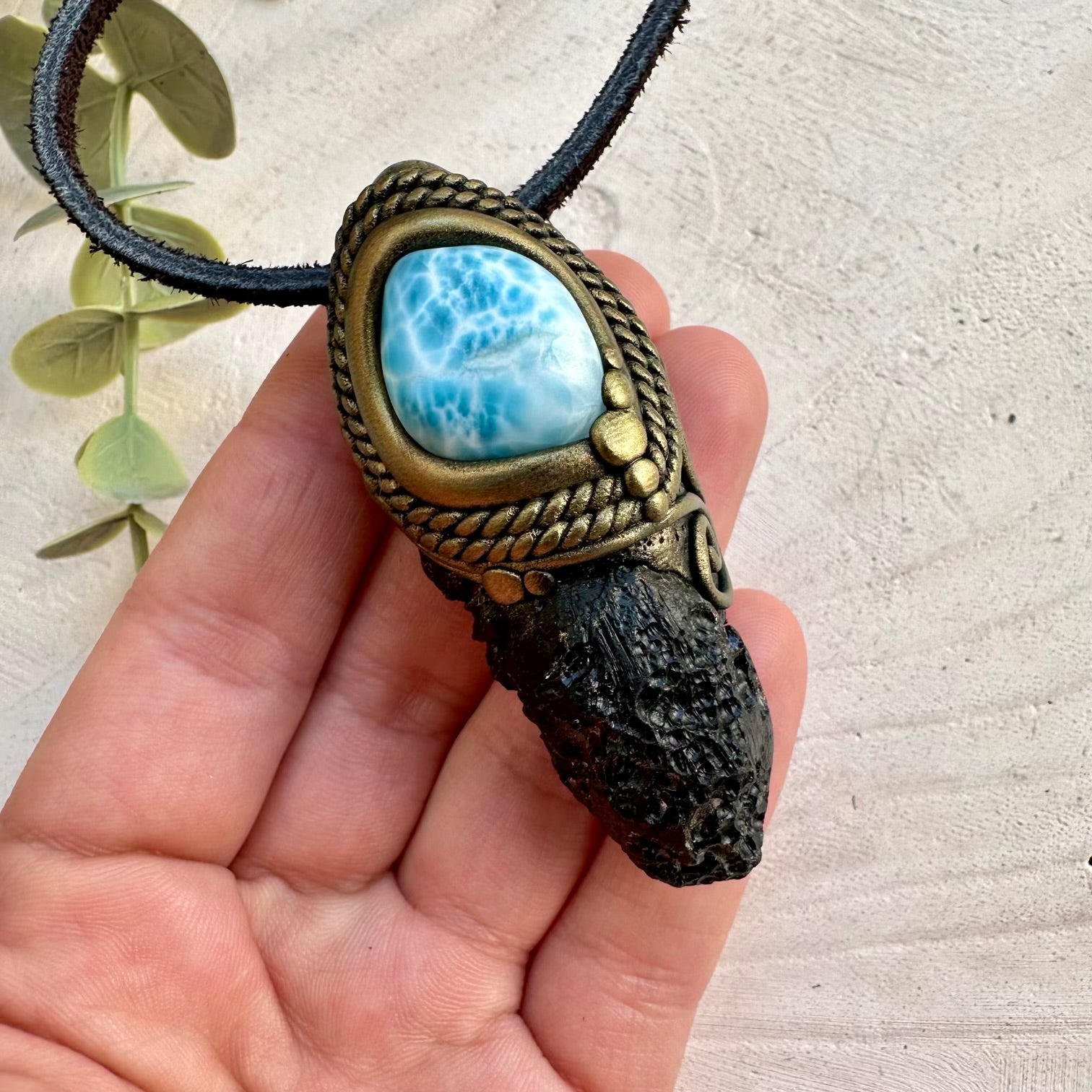 Black tektite and larimar necklace