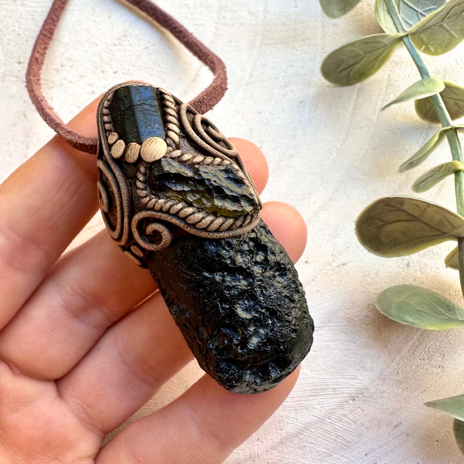 Black tektite with moldavite and black tourmaline pendant necklace