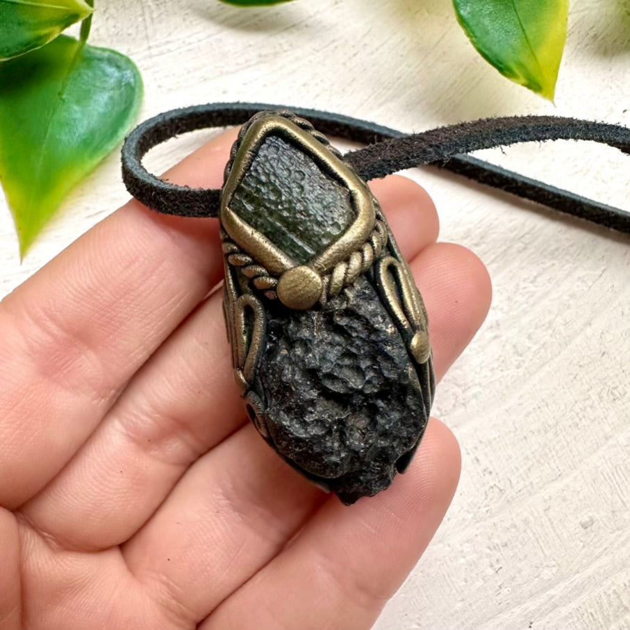 Black Tektite and Moldavite pendant necklace – handmade crystal jewelry