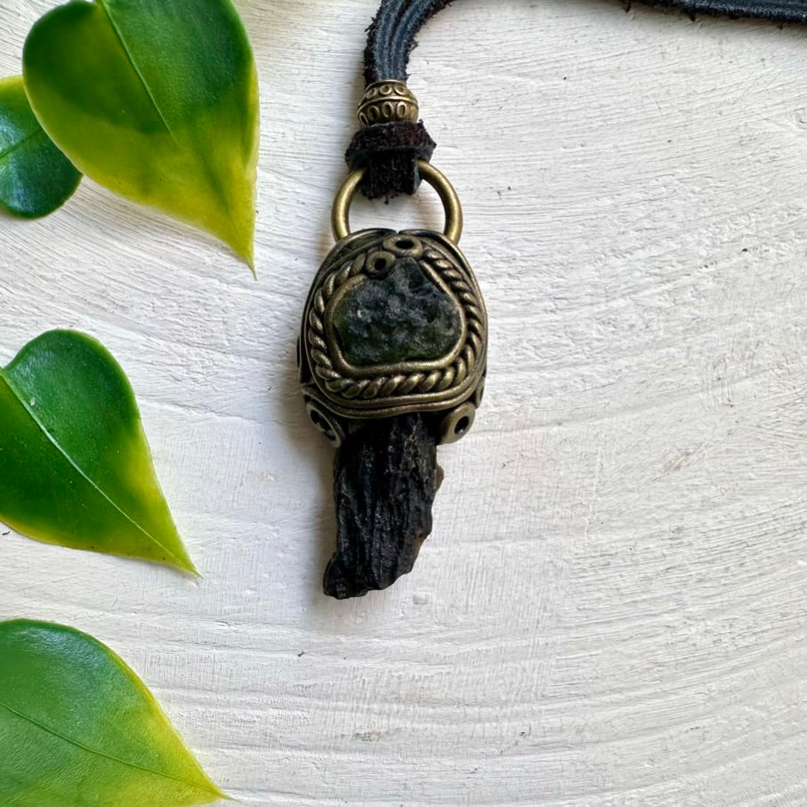 Black Tektite and Moldavite Pendant Necklace – Raw Crystal Jewelry for Protection and Transformation