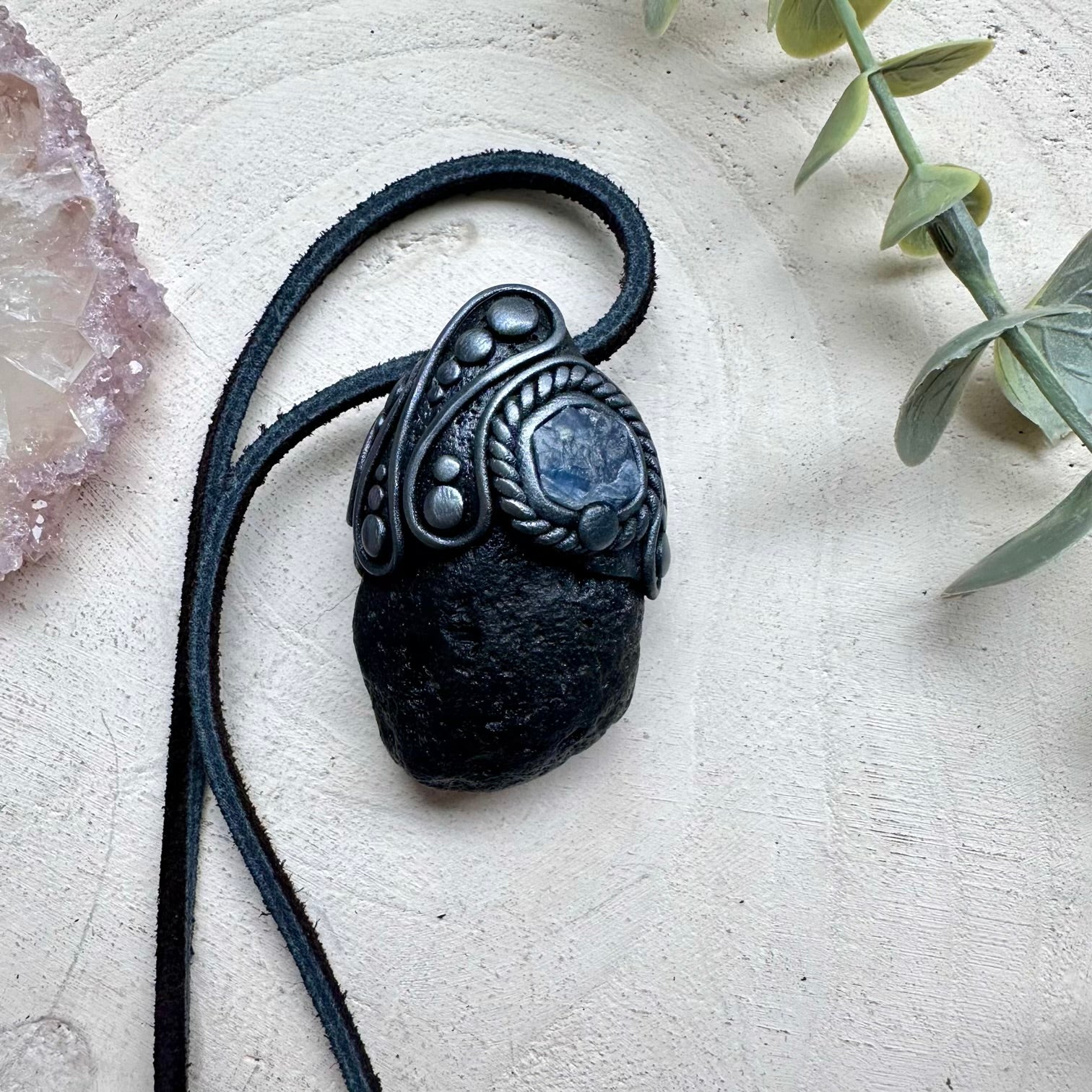 Black tektite and raw blue sapphire necklace unisex crystal pendant