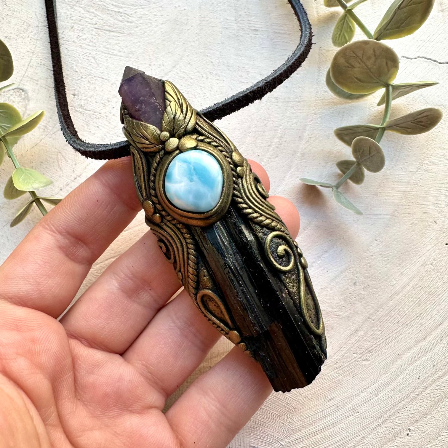 Black tourmaline amethyst point and larimar pendant necklace