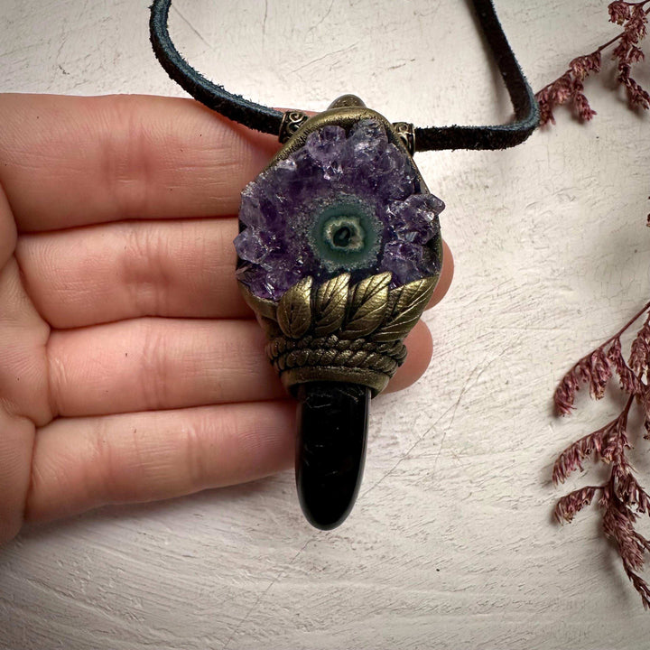 Black Tourmaline and Amethyst Stalactite Necklace - FairyGardenGlow