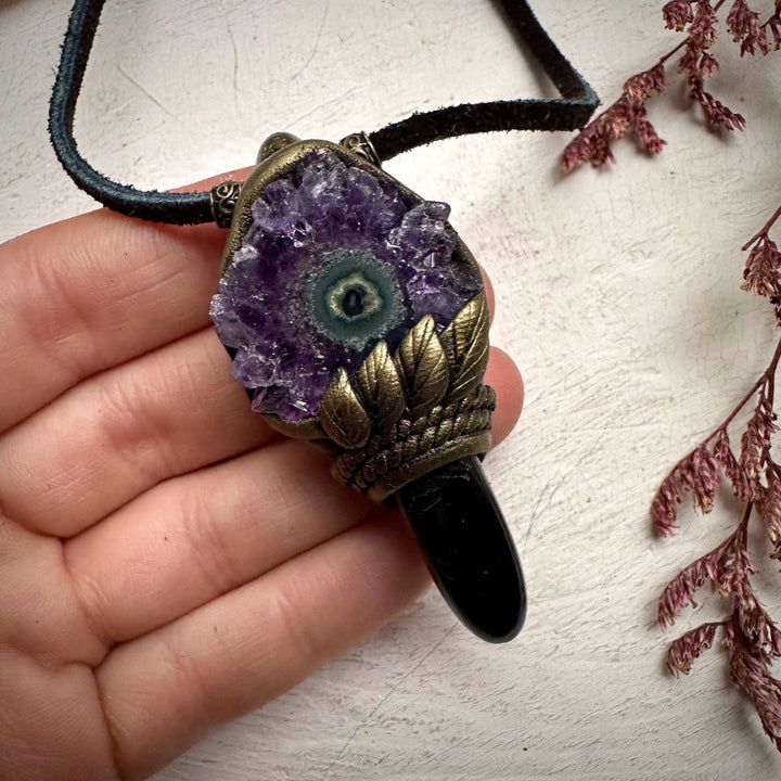 Black Tourmaline and Amethyst Stalactite Necklace - FairyGardenGlow