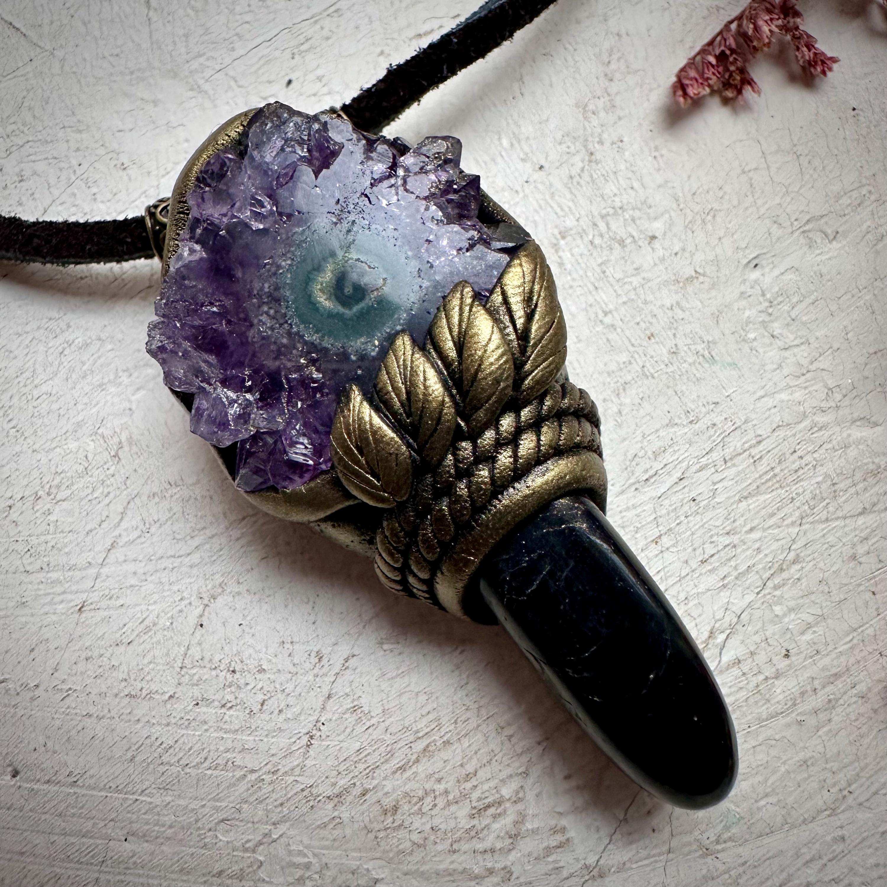 Black Tourmaline and Amethyst Stalactite Necklace - FairyGardenGlow
