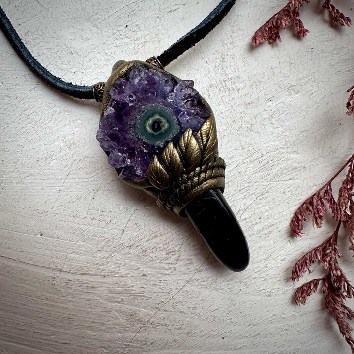 Black Tourmaline and Amethyst Stalactite Necklace - FairyGardenGlow