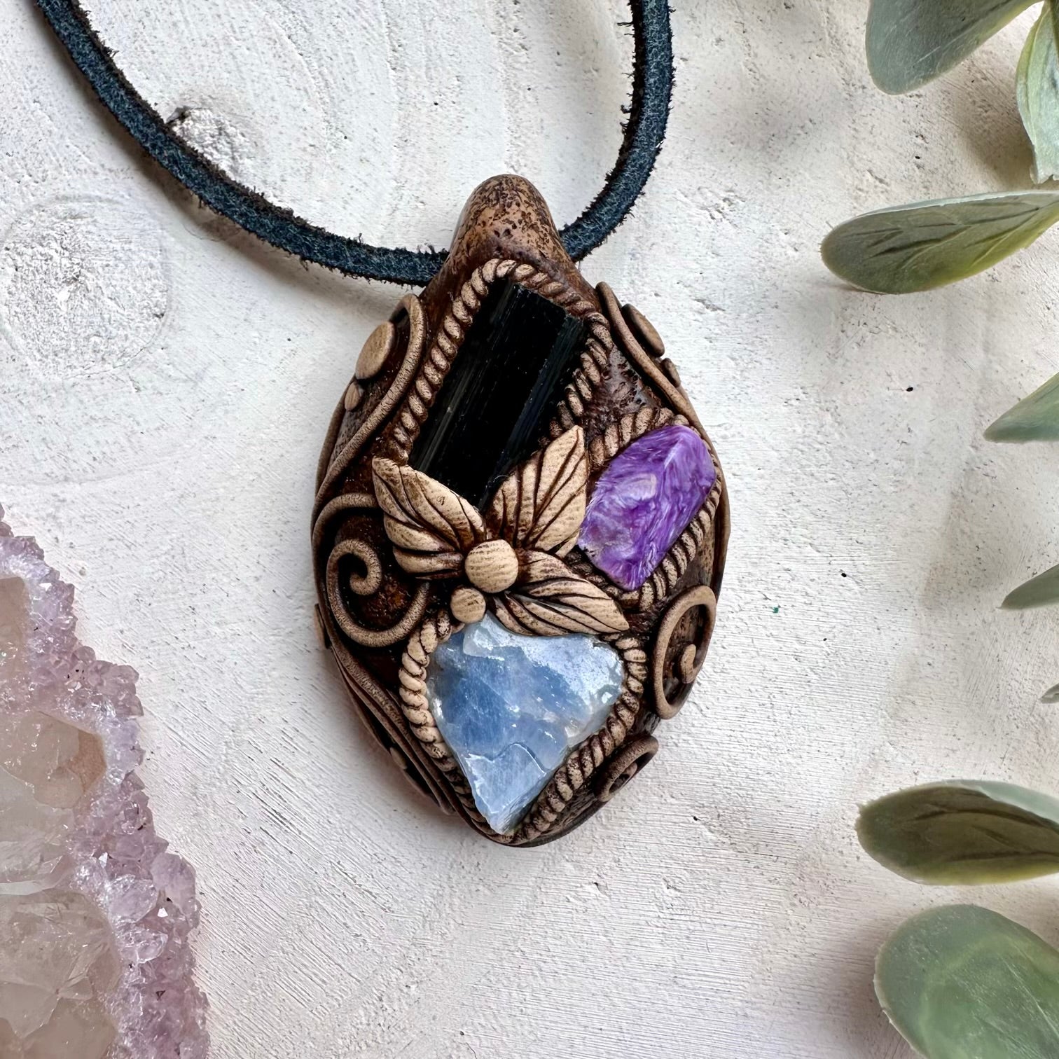 Healing crystal pendant with calcite tourmaline and charoite