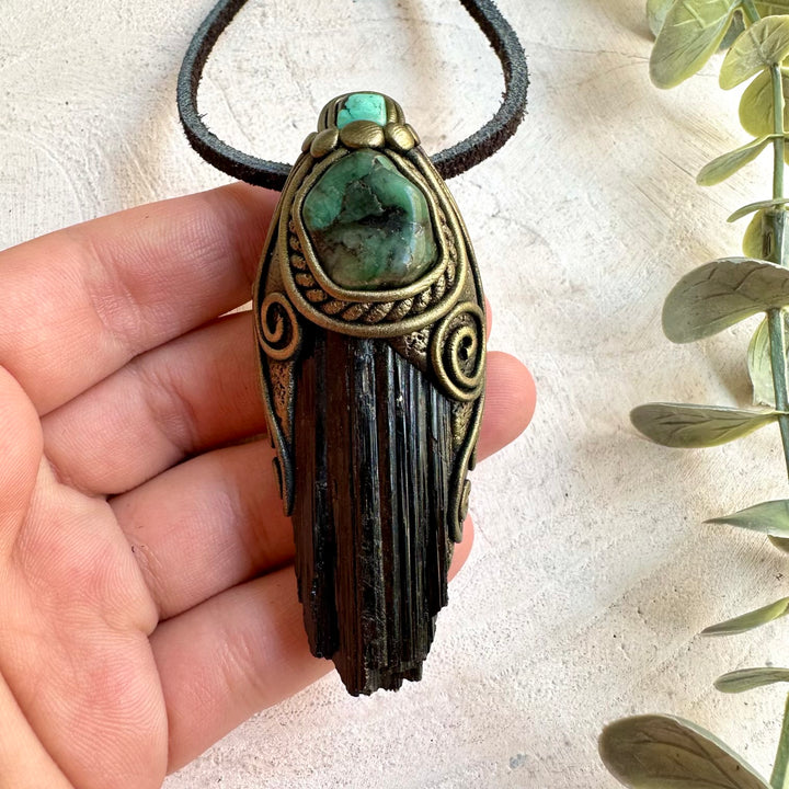 Handmade healing crystal necklace with natural Black Tourmaline, Emerald and Tibetan Turquoise gemstones.