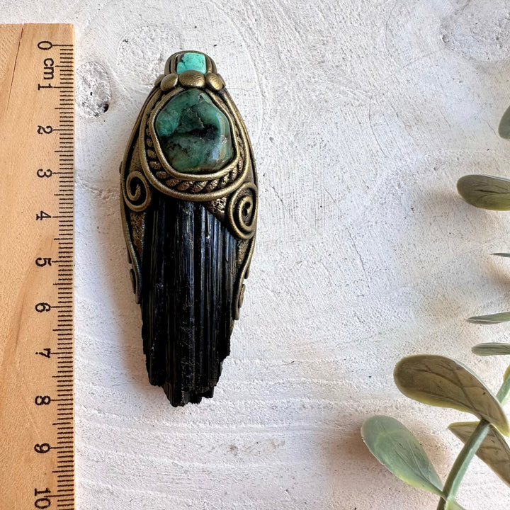 Handmade unisex crystal necklace featuring Black Tourmaline, Emerald and Tibetan Turquoise.