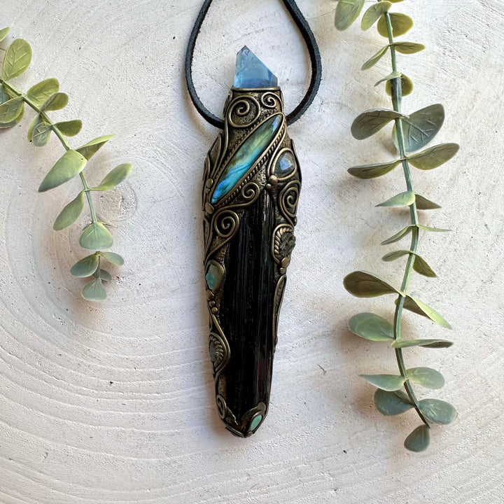 Unique healing crystal wand featuring natural Black Tourmaline with shimmering Labradorite and blue Aqua Aura Quartz.