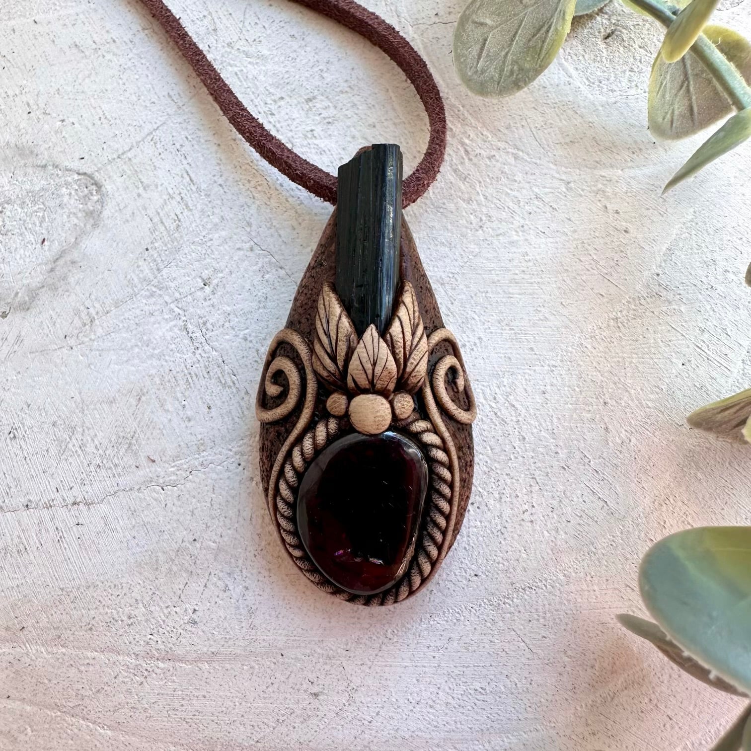 Black Tourmaline and Garnet necklace handmade with natural gemstones