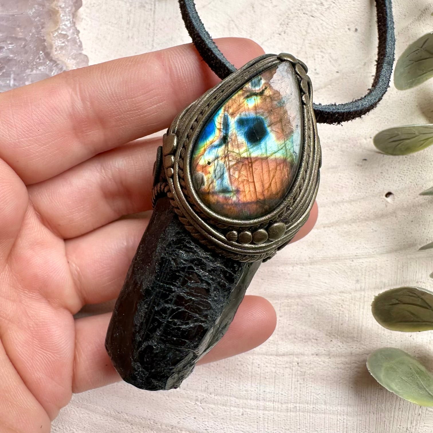 Handmade necklace with black tourmaline and labradorite