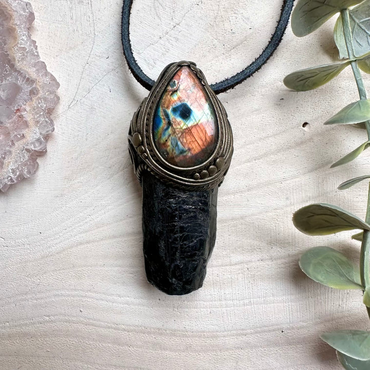 Black tourmaline and labradorite pendant necklace