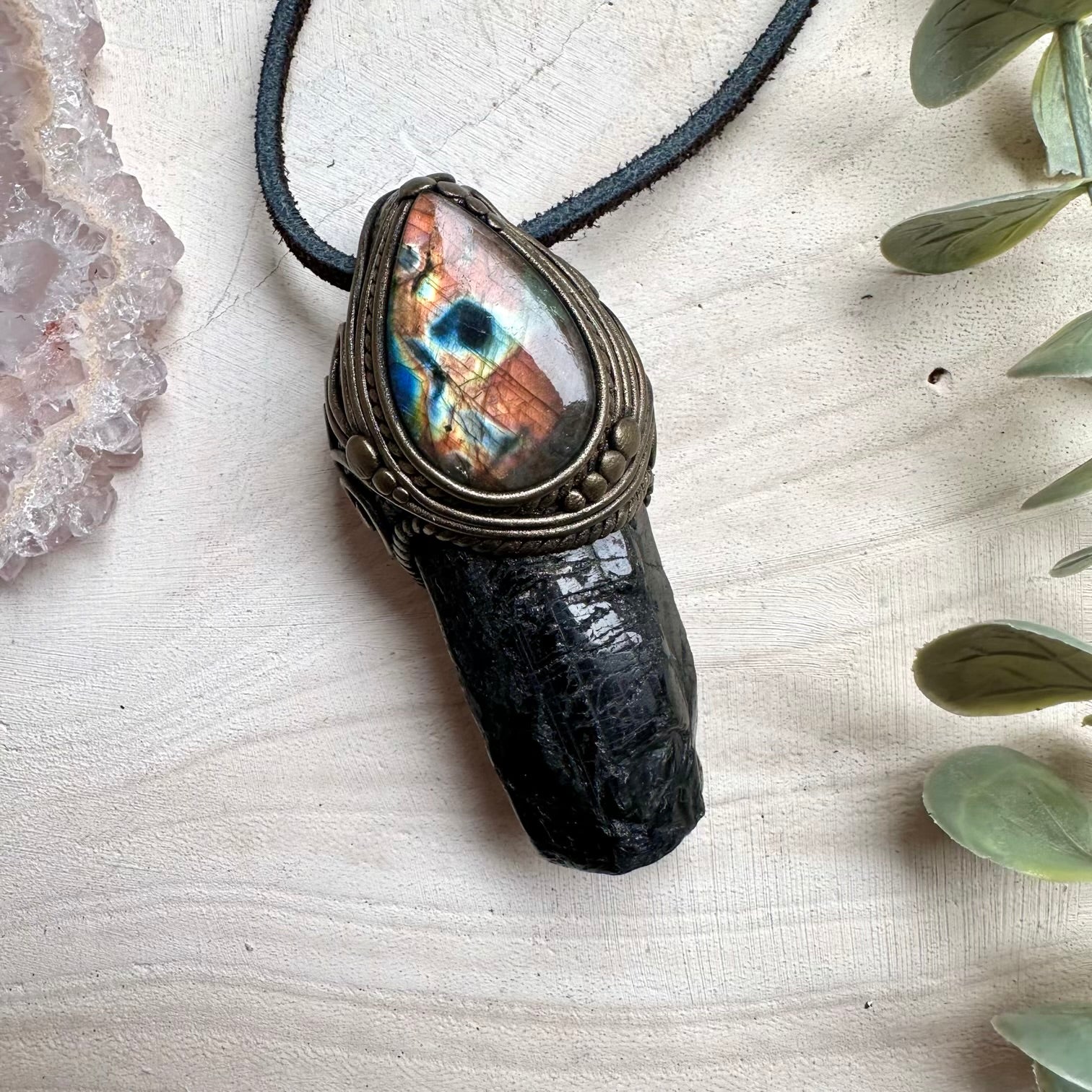Black tourmaline paired with labradorite in a necklace