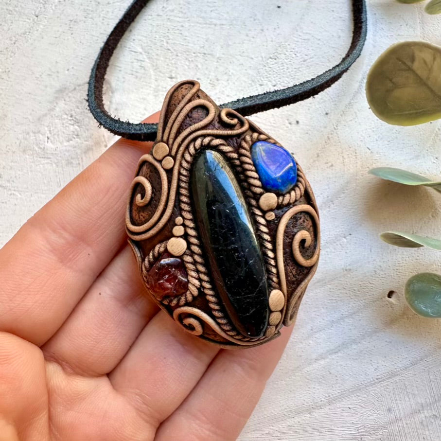 Black tourmaline lapis lazuli and hessonite garnet necklace, handmade gemstone jewelry