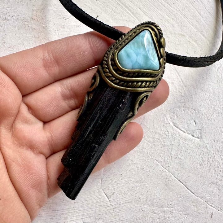Black Tourmaline and Larimar Necklace – Handmade Crystal Jewelry for Balance and Calm
