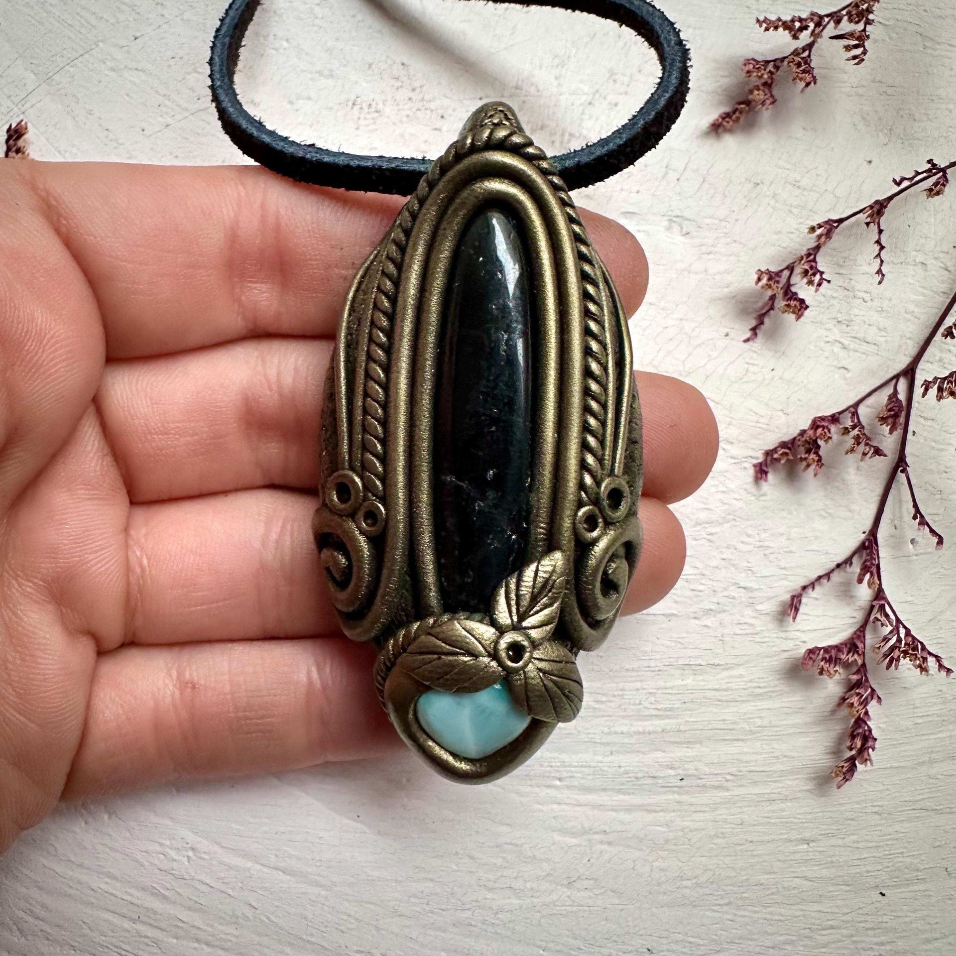Black Tourmaline and Larimar Necklace - FairyGardenGlow