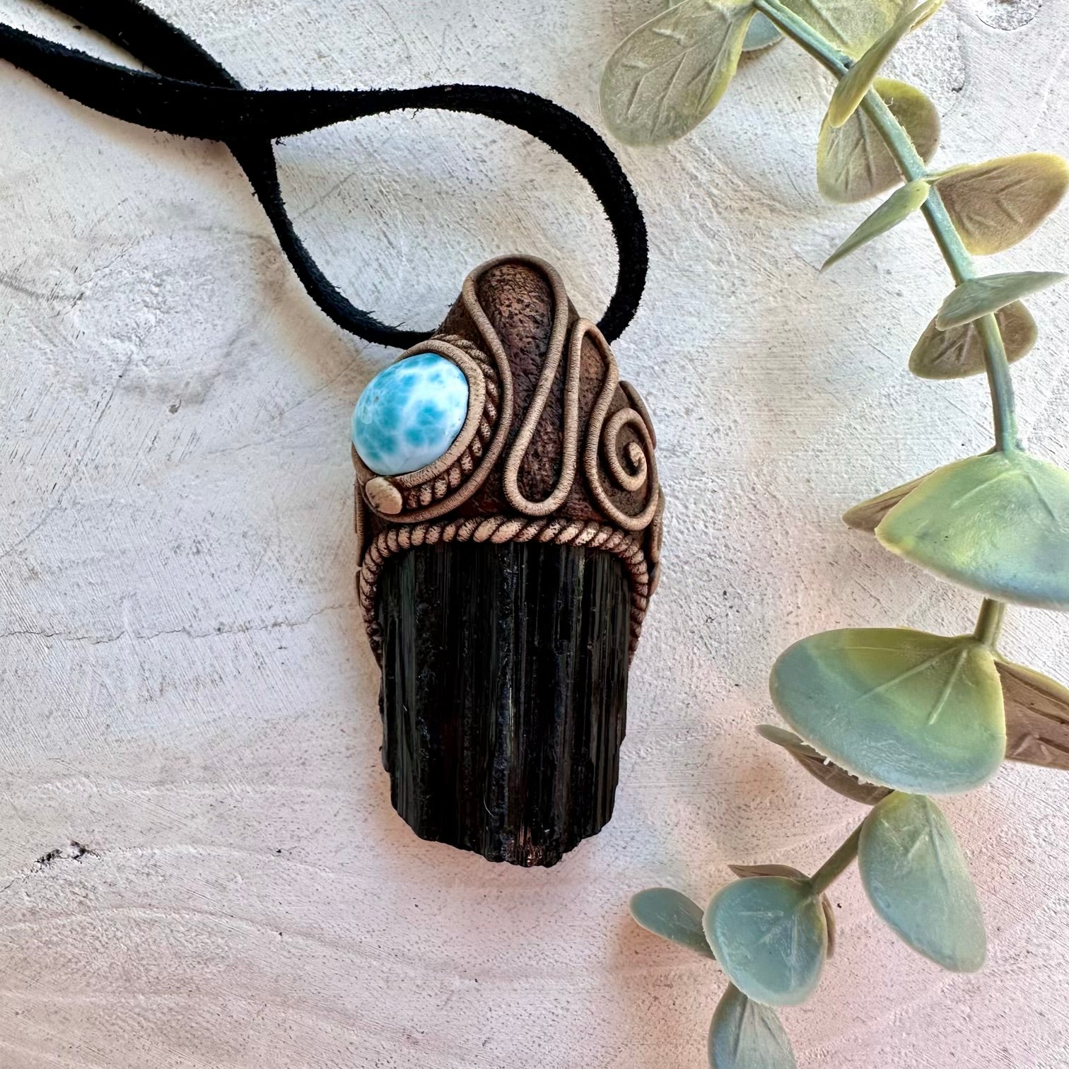 Black Tourmaline and Larimar pendant necklace handmade with natural gemstones