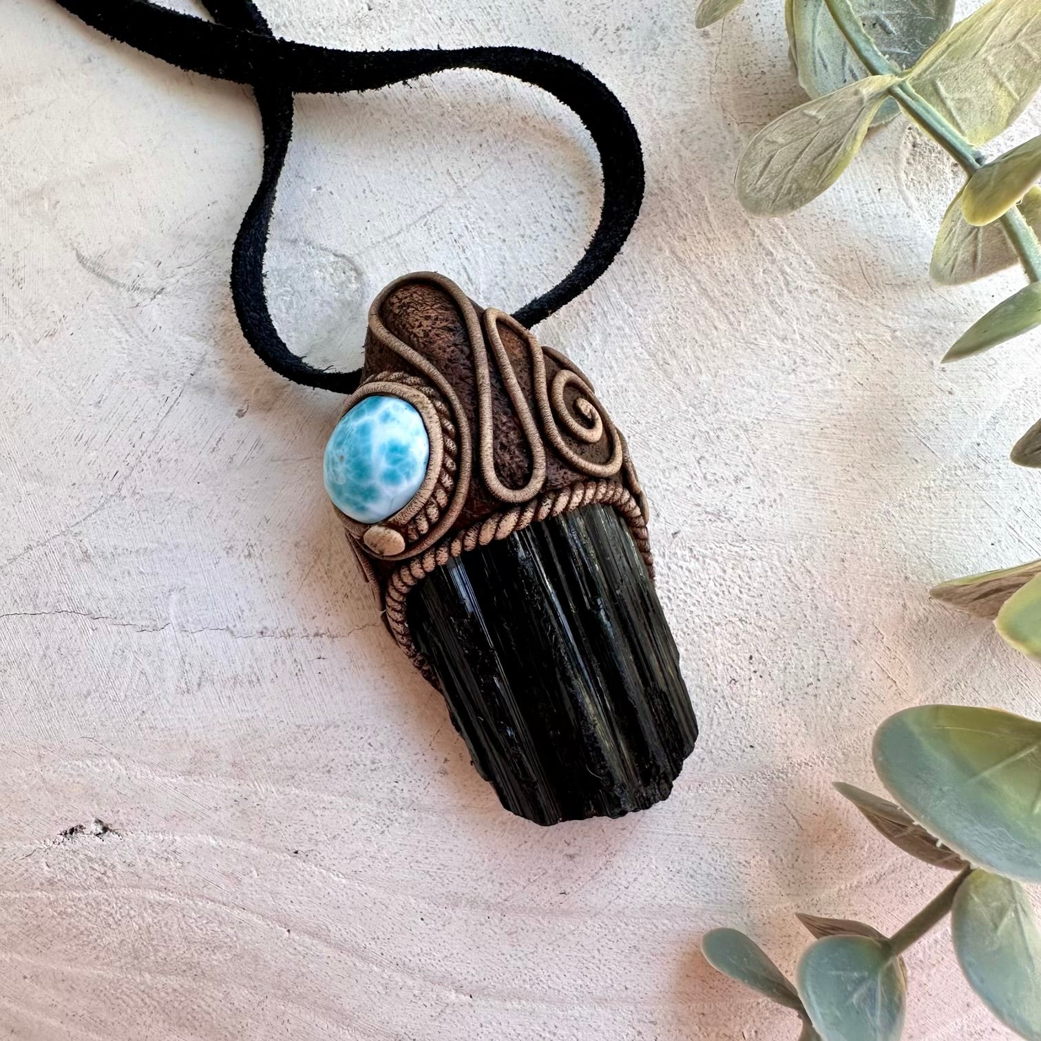 Unisex protection amulet necklace featuring Black Tourmaline and Larimar