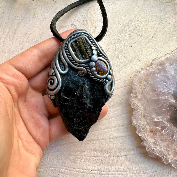 Moldavite black tourmaline and boulder opal talisman necklace