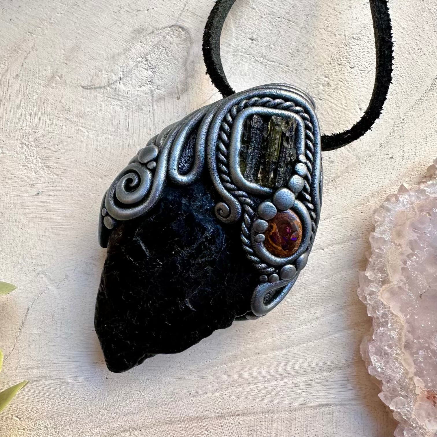 Crystal talisman pendant with moldavite and opal