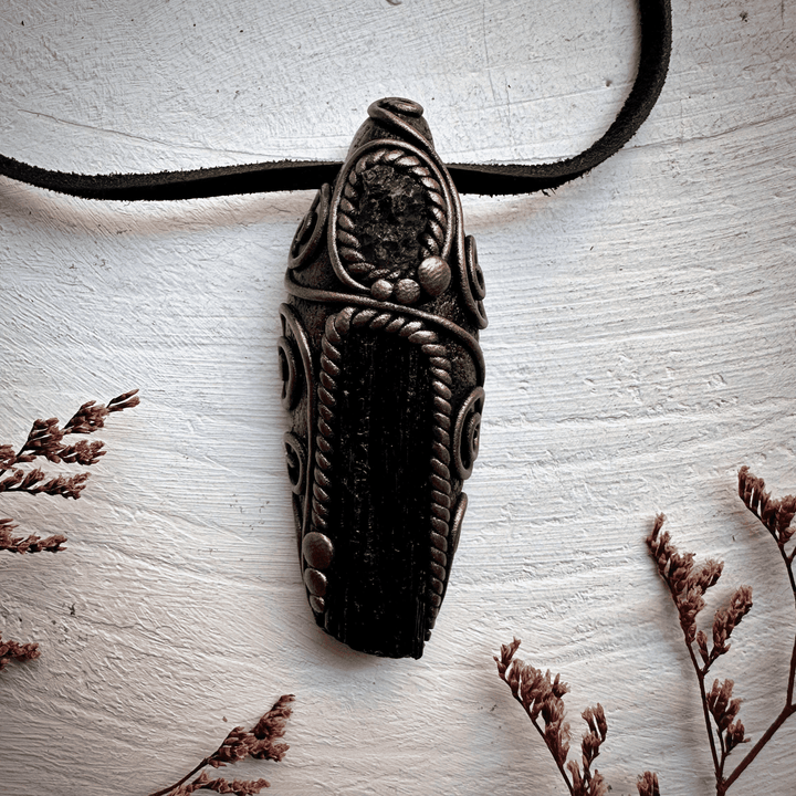 Black Tourmaline and Moldavite Pendant Necklace - FairyGardenGlow