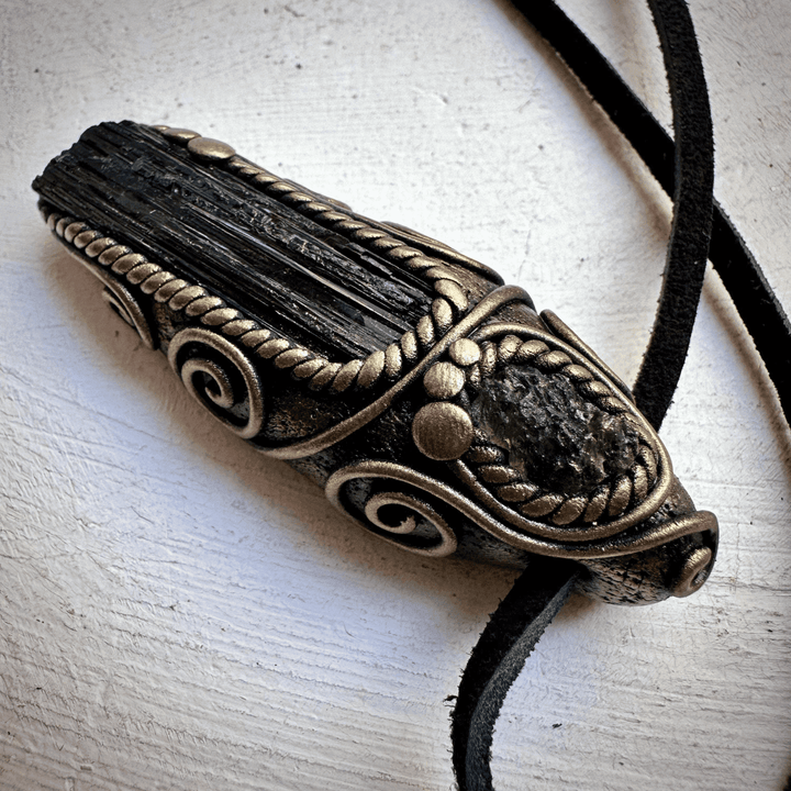 Black Tourmaline and Moldavite Pendant Necklace - FairyGardenGlow