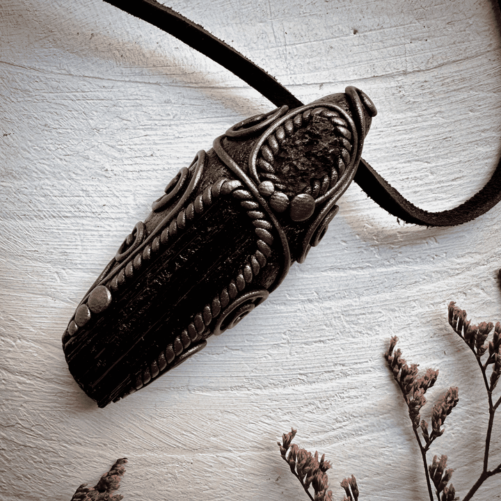 Black Tourmaline and Moldavite Pendant Necklace - FairyGardenGlow