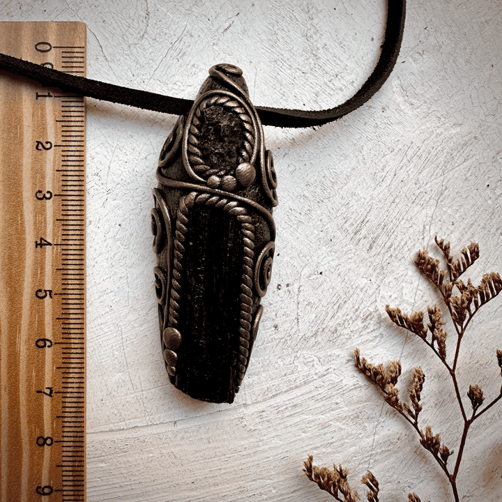 Black Tourmaline and Moldavite Pendant Necklace - FairyGardenGlow