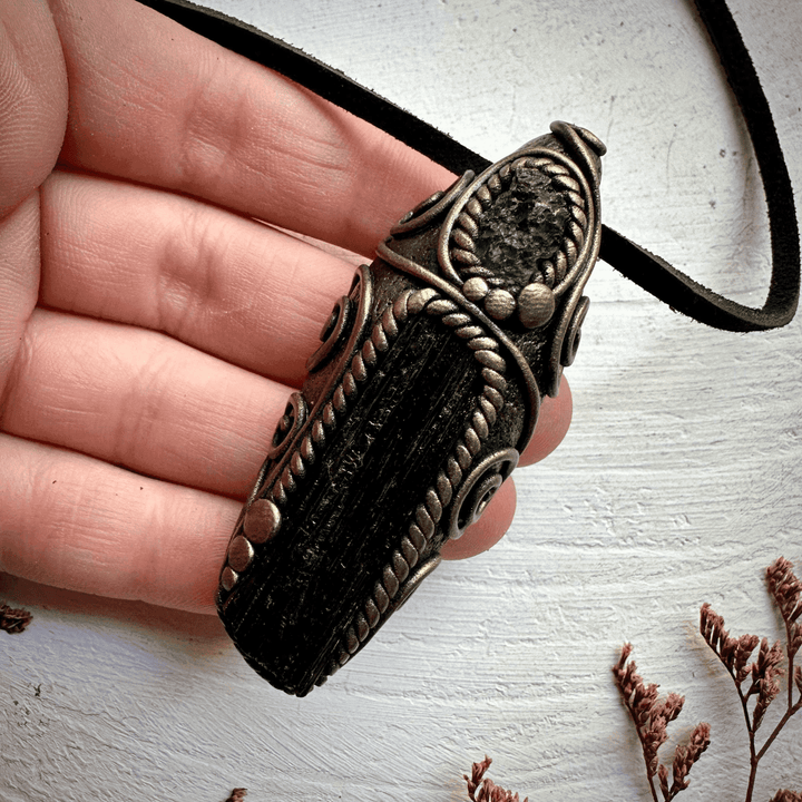 Black Tourmaline and Moldavite Pendant Necklace - FairyGardenGlow