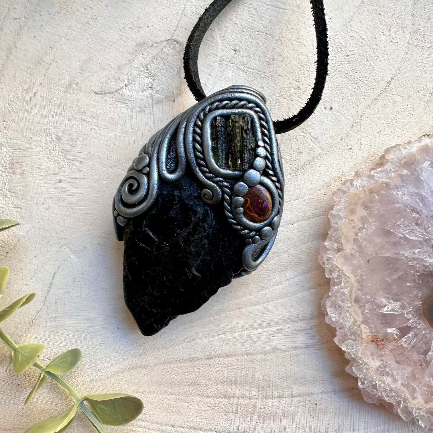 Moldavite protection necklace with black tourmaline