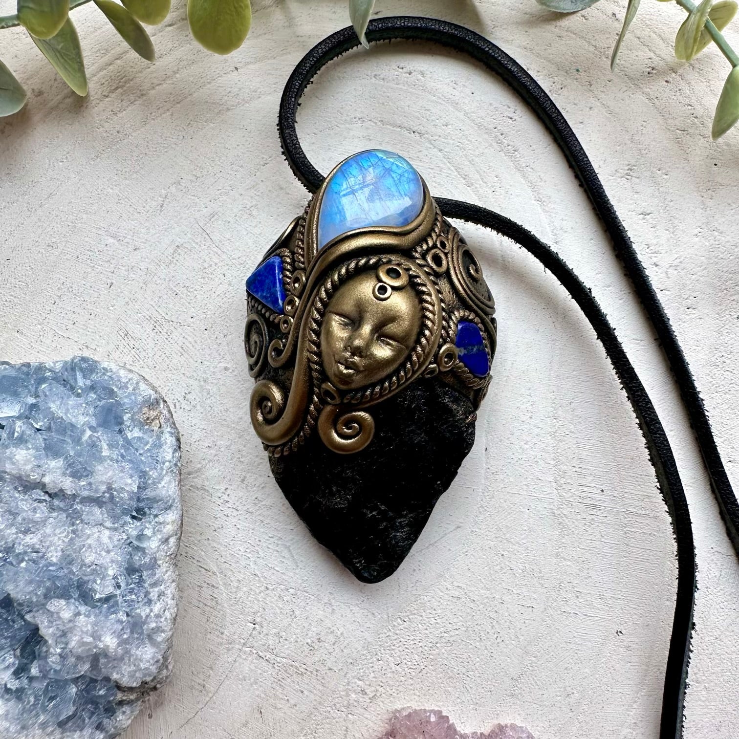 Black tourmaline rainbow moonstone and lapis lazuli goddess wand pendant necklace
