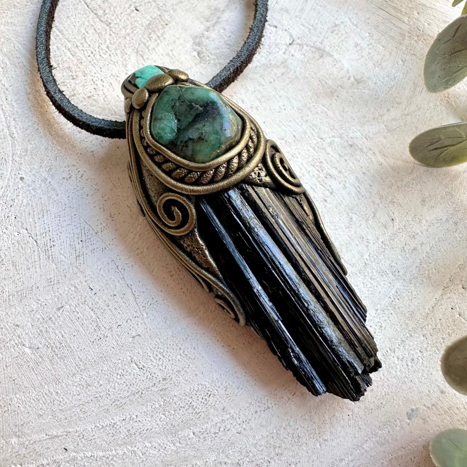 Unique unisex pendant featuring grounding Black Tourmaline with vibrant green gemstones.