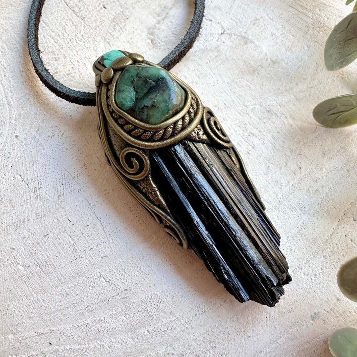 Unique unisex pendant featuring grounding Black Tourmaline with vibrant green gemstones.